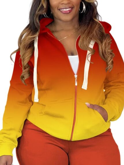 Women Plus Size Casual Hoodies Sweatshirt Long Sve Full Zipper Track Top Athletic Jackets with Pocket