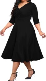 Women Plus Size Midi Dress 3/4 -Line Swing Dress V Neck Flowy Casual Dresses