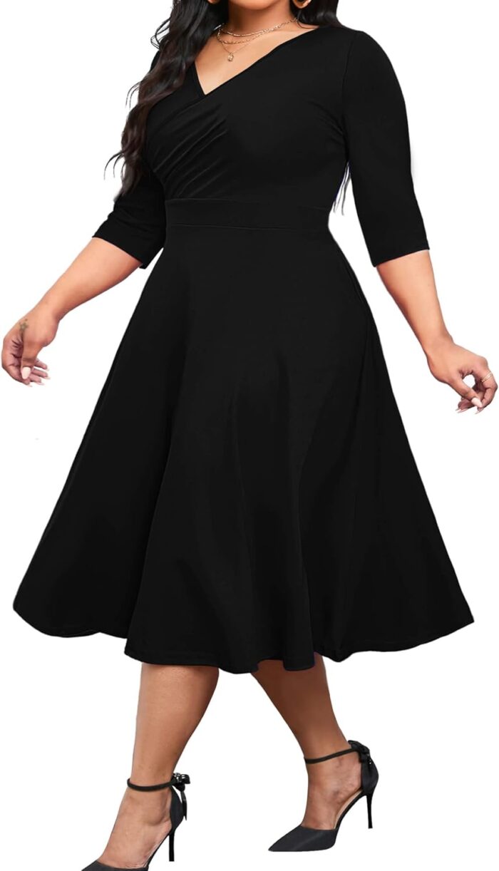Women Plus Size Midi Dress 3/4 -Line Swing Dress V Neck Flowy Casual Dresses - Image 1