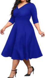 Women Plus Size Midi Dress 3/4 -Line Swing Dress V Neck Flowy Casual Dresses