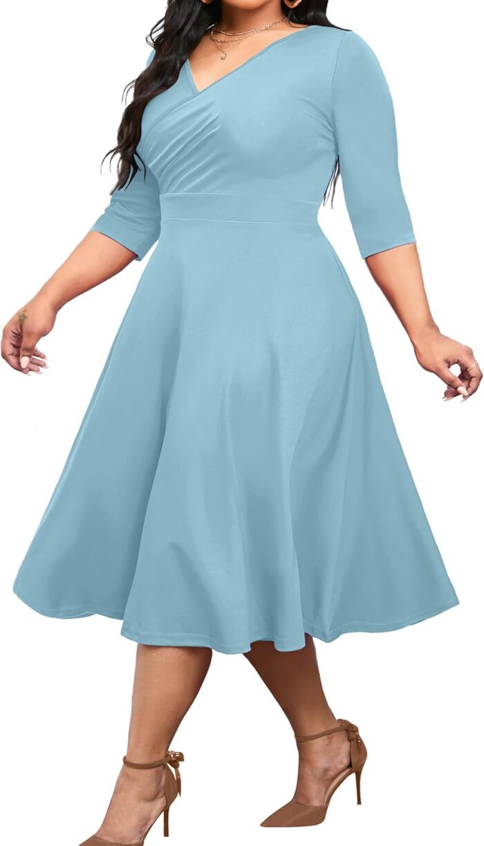 Women Plus Size Midi Dress 3/4 -Line Swing Dress V Neck Flowy Casual Dresses - Image 1