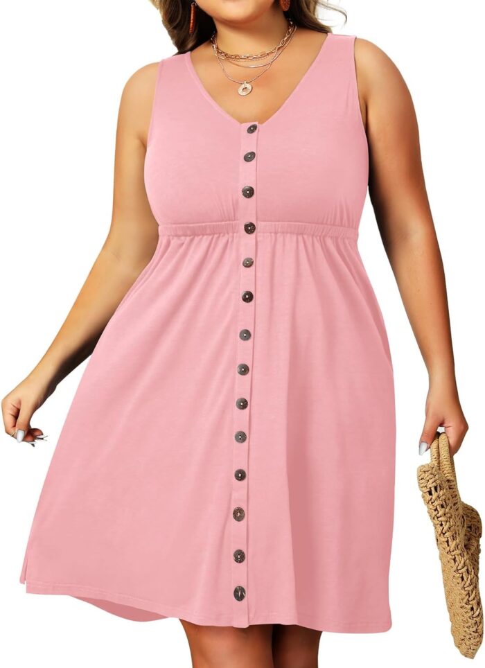 Women Plus Size Summer Dresses for Women Casual Dress with Pockets A-Line Swing Button Down  V Neck - Image 2