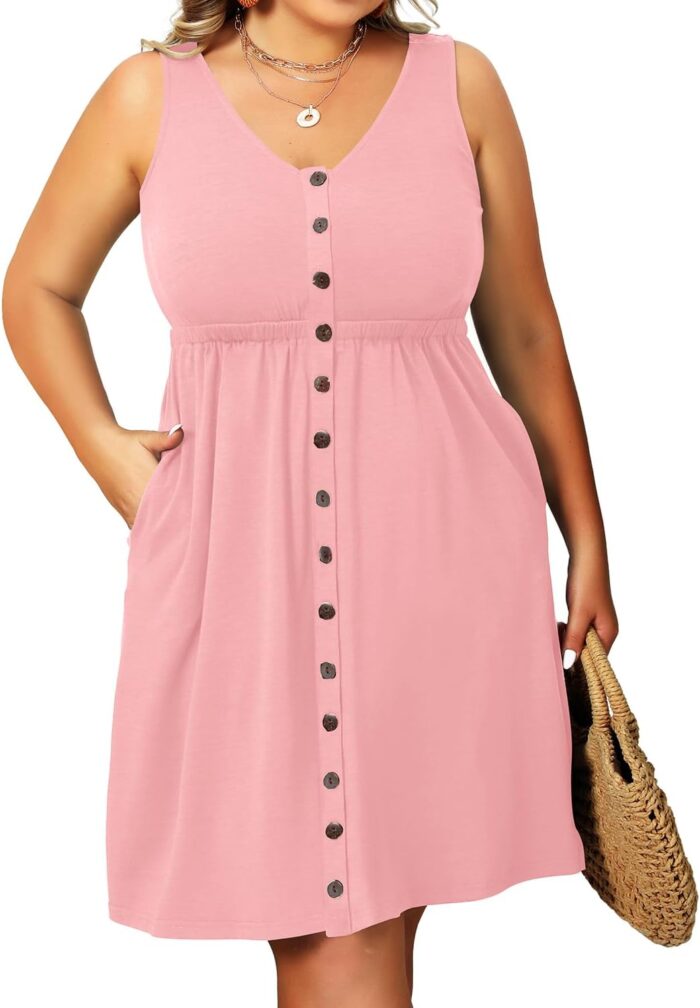 Women Plus Size Summer Dresses for Women Casual Dress with Pockets A-Line Swing Button Down  V Neck - Image 1