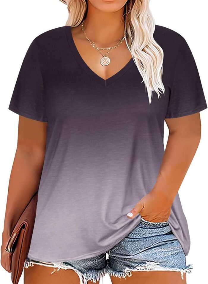 Women Plus Size Tops Tie Dye V Neck Shirt Floral Camo Summer Short  Tunic Oversized Ladies Blouse XL-5XL - Image 1