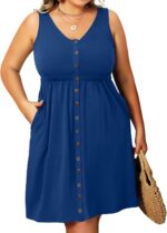 Women Plus Size Summer Dresses for Women Casual Dress with Pockets A-Line Swing Button Down  V Neck
