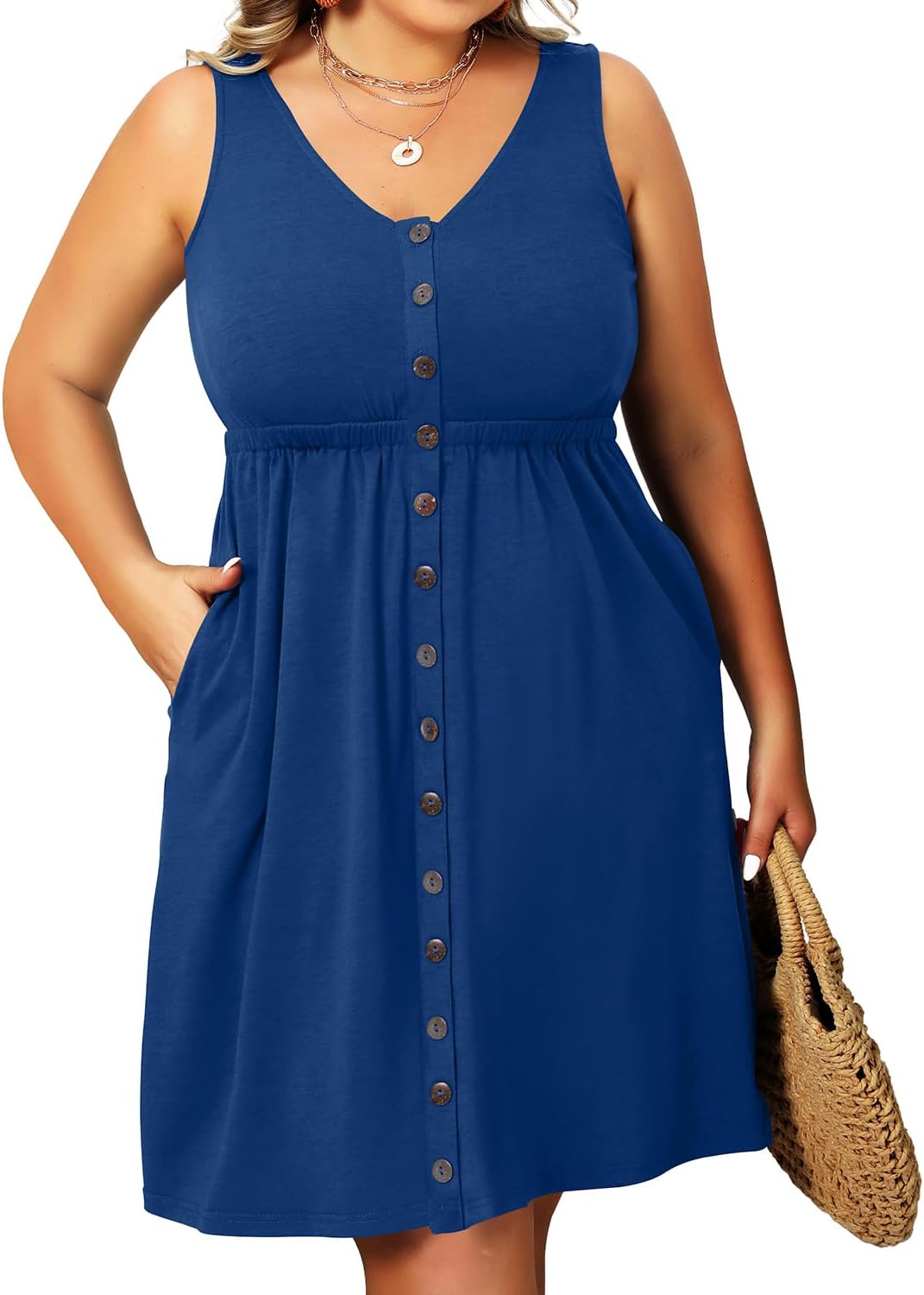 61kuPcnFn8L._AC_SL1500_.jpg Women Plus Size Summer Dresses for Women Casual Dress with Pockets A-Line Swing Button Down V Neck - Image 1