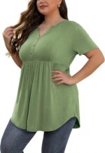 Women Plus Size  Shirts V Neck Button Tunic Tops Casual Short  Swing Flowy Tunic