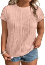 Womens Plus Size Tops Crewneck Short  Textured T Shirts Solid Casual Loose Basic Tops(1X-5X)