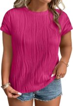 Womens Plus Size Tops Crewneck Short  Textured T Shirts Solid Casual Loose Basic Tops(1X-5X)
