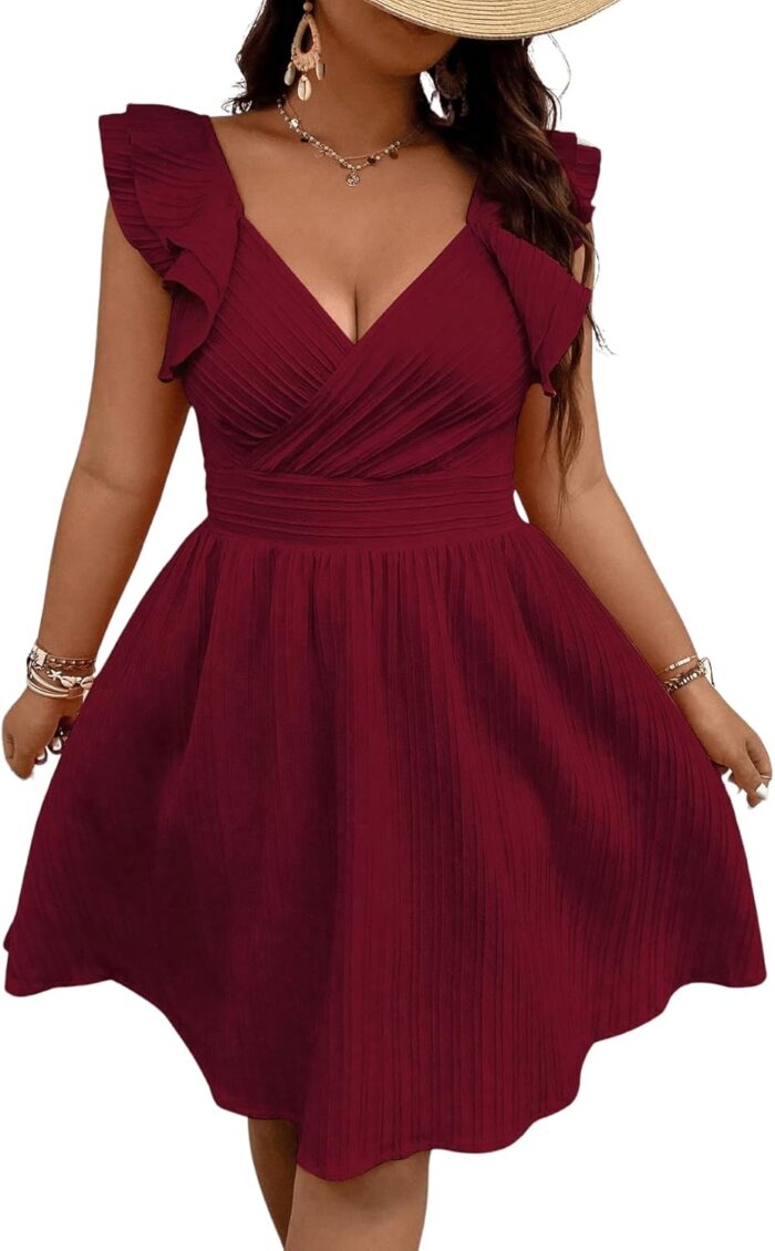 Women Plus Size Wrap Front Sweetheart Neck Ruffle Cap  Line Dress - Image 1
