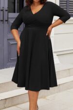 Women Plus Size Midi Dress 3/4 -Line Swing Dress V Neck Flowy Casual Dresses - Image 2