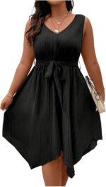 Women Plus Size Color Block Dress V Neck  A Line Asymmetrical Hem Belted Dresses