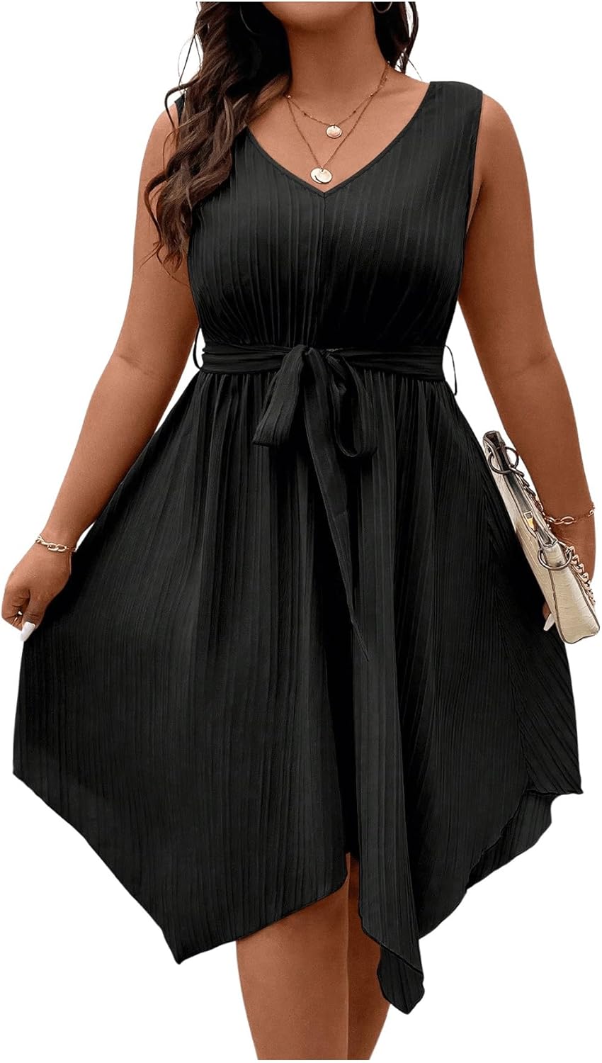 71H1CghsH5L._AC_SL1500_.jpg Women Plus Size Color Block Dress V Neck A Line Asymmetrical Hem Belted Dresses - Image 1