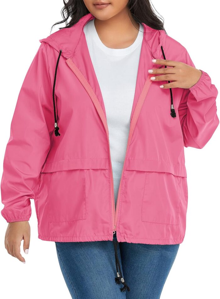 Women Plus Size Light RainCoat Jackets Packable Hooded Waterproof Windbreaker for Women - Image 2