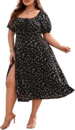 Women Plus Size Floral Print Tie Front Square Neck Slit Hem Midi Dress