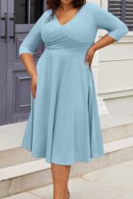Women Plus Size Midi Dress 3/4 -Line Swing Dress V Neck Flowy Casual Dresses - Image 2