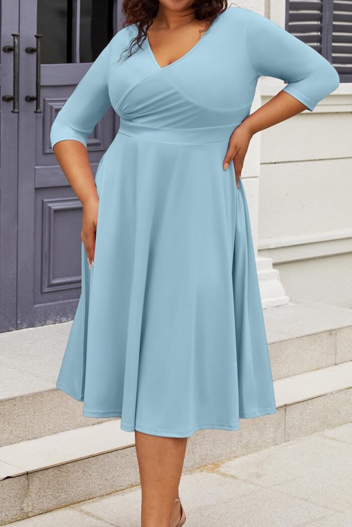 Women Plus Size Midi Dress 3/4 -Line Swing Dress V Neck Flowy Casual Dresses - Image 2