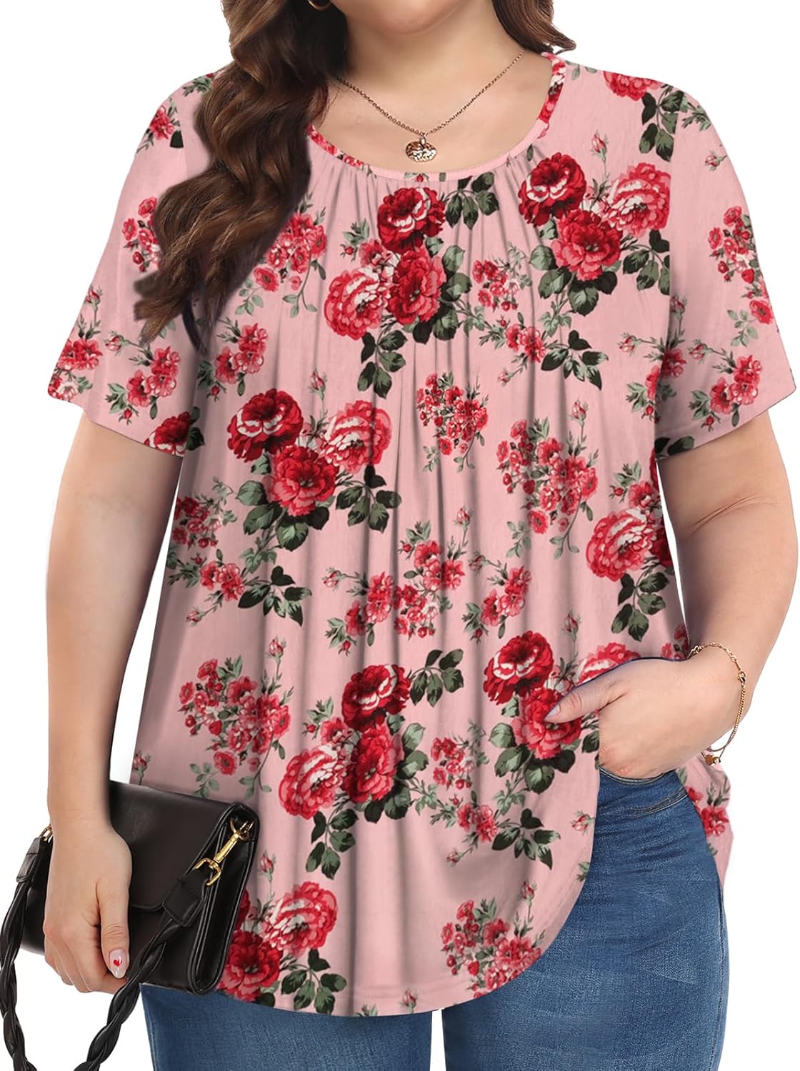 71hRQOrAjOL._AC_SL1500_.jpg Womens Plus Size Tops Summer Shirts Tunic Short Crew Neck Loose Fit Blouse 1X-5X - Image 1