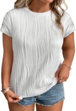 Womens Plus Size Tops Crewneck Short  Textured T Shirts Solid Casual Loose Basic Tops(1X-5X)