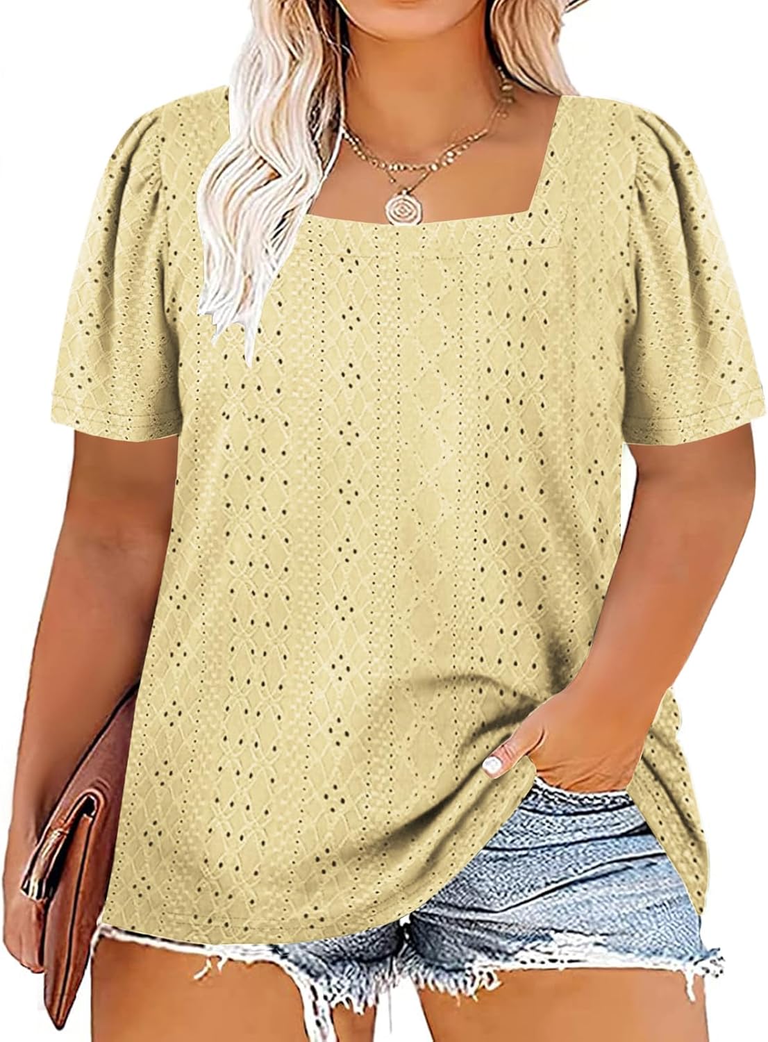 71lr1bvBHoL._AC_SL1500_.jpg Womens-Plus-Size-Summer-Tops Square Neck T Shirts Puff Short Blouses Eyelet Tunics XL-5XL - Image 1