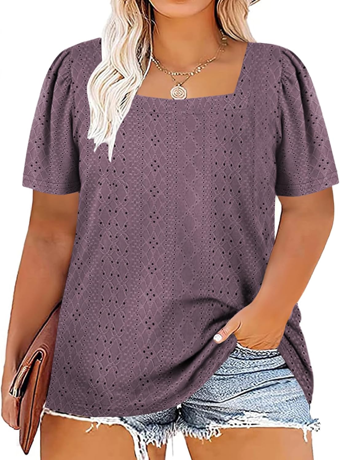 71nTAgWUaUL._AC_SL1500_.jpg Womens-Plus-Size-Summer-Tops Square Neck T Shirts Puff Short Blouses Eyelet Tunics XL-5XL - Image 1