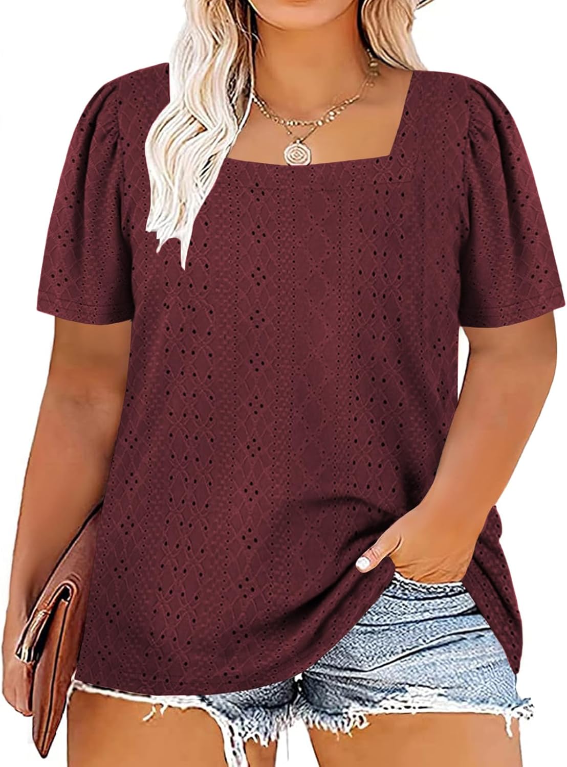 71rnCcQ2q0L._AC_SL1500_.jpg Womens-Plus-Size-Summer-Tops Square Neck T Shirts Puff Short Blouses Eyelet Tunics XL-5XL - Image 1