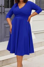 Women Plus Size Midi Dress 3/4 -Line Swing Dress V Neck Flowy Casual Dresses - Image 2