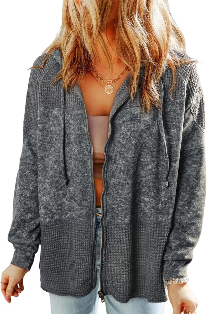 Waffle Knit Hoodies for Womens Zip Up Fall Outfits 2024 Drawstring Casual Jackets - Image 1