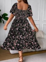 Women Plus Size Floral Print Tie Front Square Neck Slit Hem Midi Dress - Image 2