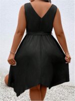 Women Plus Size Color Block Dress V Neck  A Line Asymmetrical Hem Belted Dresses - Image 2