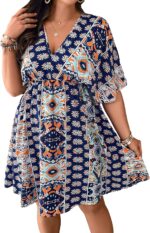 Women Plus Size Wrap V Neck Short  Ruffle Hem A Line Short Dress