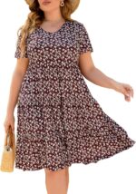 Women Plus Size Casual Summer Tiered Dresses Short  Scoop Neck Ruffle Hem Loose Fitting Midi Babydoll Dress